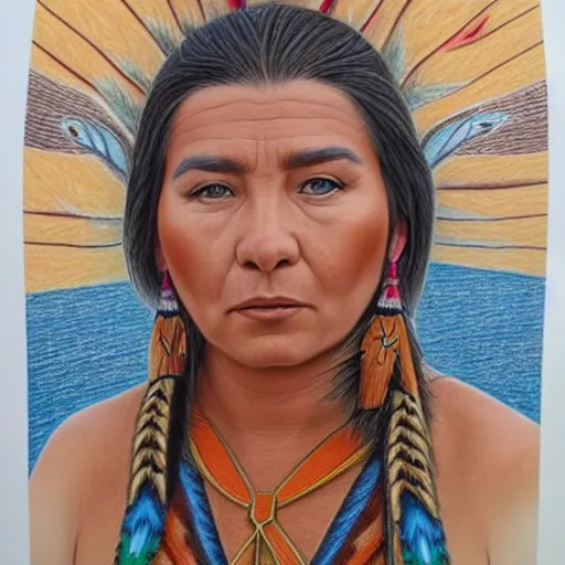 Image similar to a beautiful first nation woman, ultra detailed colored pencil drawing in style bellerose and desjarlais,