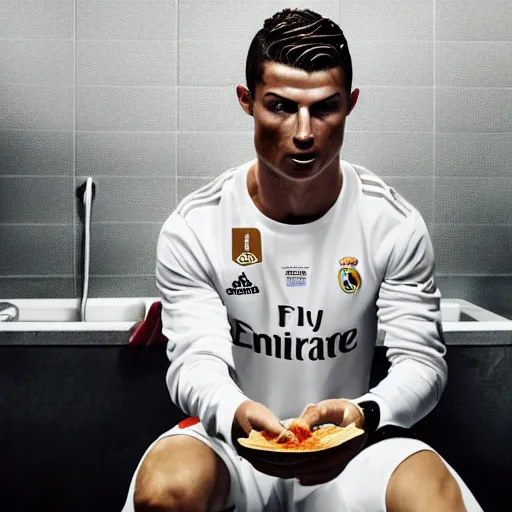 Image similar to cristiano ronaldo eating from doritos in the toilet, cinematic composition, 4 k, movie still