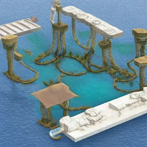 Image similar to an underwater city, made of mufflers