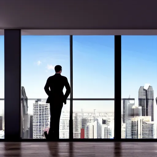 Prompt: still of cat in a suit looking out at the skyline from a penthouse suite, cinematic,