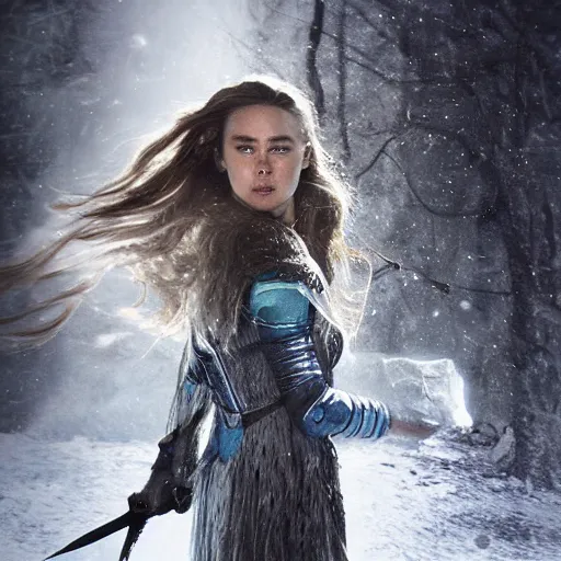 Image similar to alycia debnam carey as a cryomancer with ice aura, concept art, enchantress poses, snow flurry, Ray tracing reflection