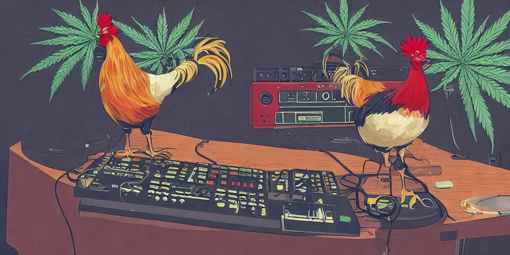 Image similar to 'black rooster'!!! smoking 'cannabis'!!!!!! in front of 'audio console'!!!! and 'multi monitors and projectors'!!!! 'in a hi-tech tv broadcasting studio with red camera rig'!!!!, artwork by James Gilleard