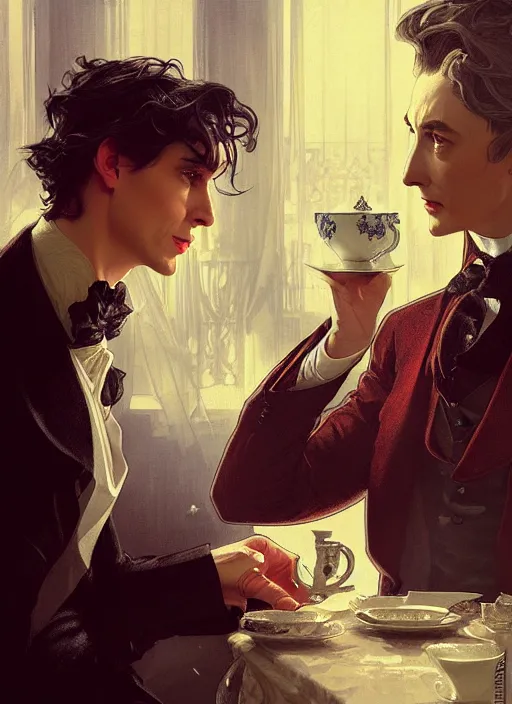 Image similar to an aristocrat talking to dorian gray over a cup of tea, digital painting, artstation, concept art, smooth, sharp focus, illustration, art by artgerm and greg rutkowski and alphonse mucha