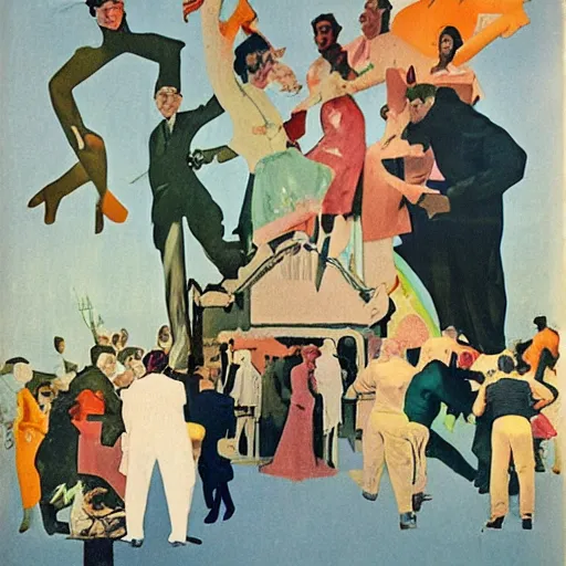 Image similar to 1950 magazine cut out collage of Cristopher Street day, Jugendstil, painted by Neo Rauch,