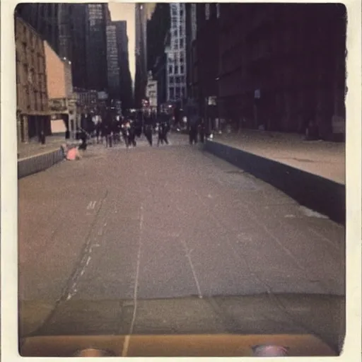 Prompt: wide-shot very low-angle eyesight photo of a skateboard at the street in New York, polaroid photo, by Andy Warhol, signed