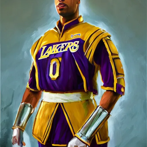 Image similar to full body portrait of saber from fate as the dictator of the los angeles lakers in full military garb, oil on canvas by william sidney mount, trending on artstation