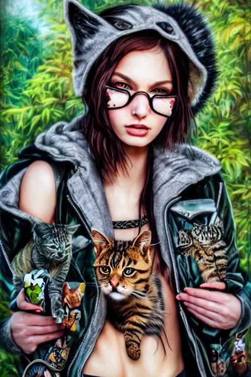 Image similar to cute punk rock girls making selfie in jungles with cats, mad max jacket, renaissance, cables on her body, hyper realistic style, oil painting, highly detailed, 4K, fantasy by Olga Fedorova