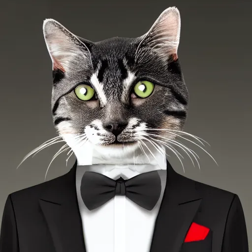 Prompt: cat in suit, irti funny picture, 3 1 5 2 tags cat head, suit smart tux, realistic cat, 4 k, render,