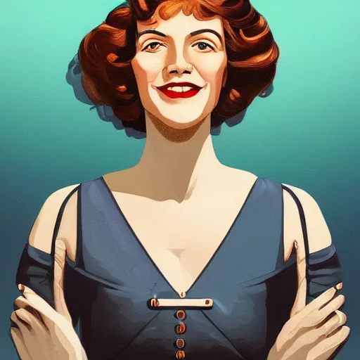 Prompt: smiling, happy, beautiful, intelligent, powerful ww 1 housewife, 2 8 years old, loving eyes, fully clothed, wise, beautiful, dramatic lighting, sharp focus, by stanley artgerm, dramatic lighting, trending on artstation, flat colour, geometric curves, gradient filter, art deco patterns