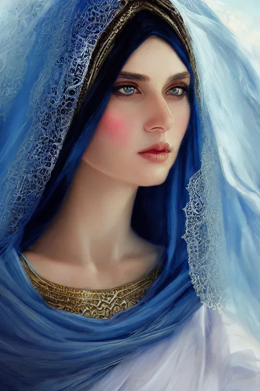 Image similar to modern arab Ameera al-Taweel, bright blue eyes, long wavy black hair, white veil, closeup, focus face, elegant, highly detailed, centered, oil painting, artstation, concept art by tom bagshaw