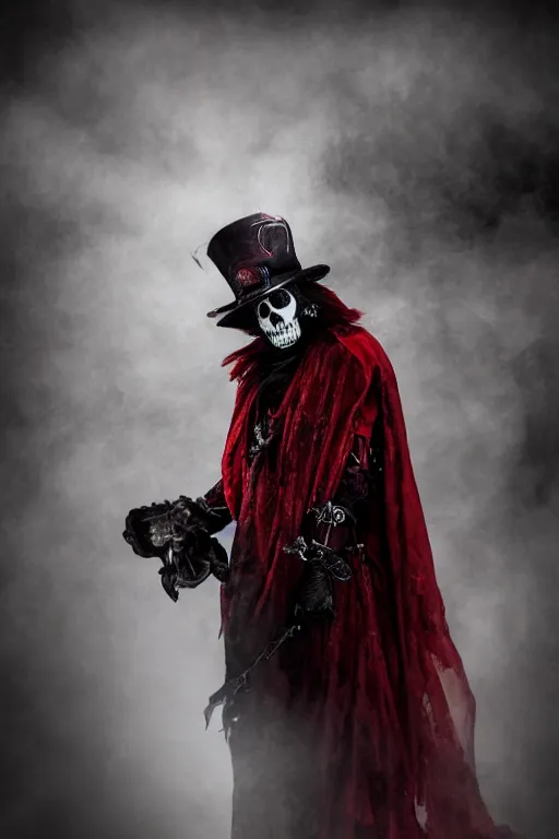 Image similar to the ghost - spirit translucid transparent, the grim - hatter wears the scarlet skull armor and blood crown, midnight fog - mist!, cinematic lighting, various refining methods, micro macro autofocus, ultra definition, award winning photo