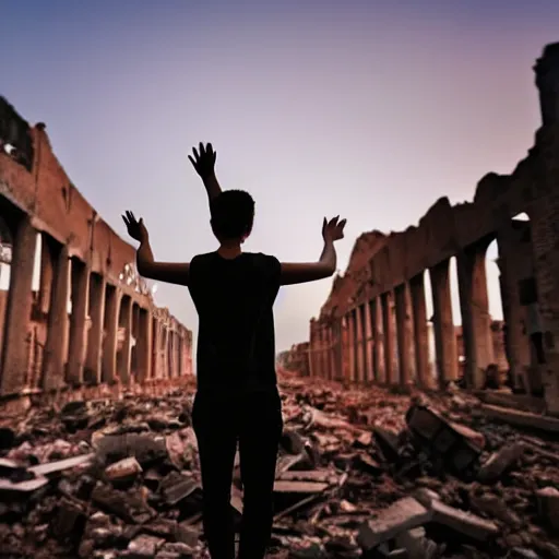 Prompt: the last person on Earth, standing in the ruins of the city waving at the camera, low angle, cinematic, low light