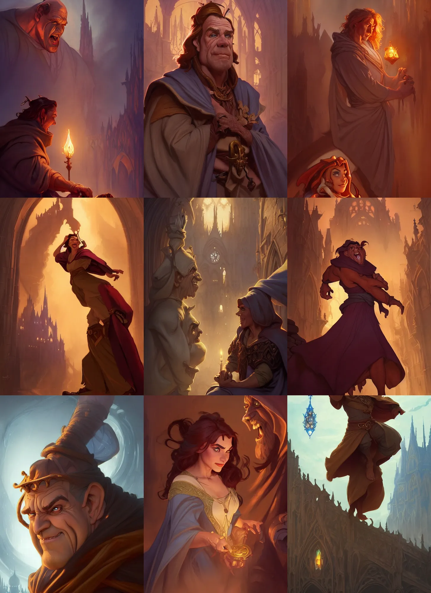 Prompt: characters from disney's hunchback of notre dame, d & d, fantasy, intricate, elegant, highly detailed, digital painting, artstation, concept art, matte, sharp focus, illustration, hearthstone, art by artgerm and greg rutkowski and alphonse mucha