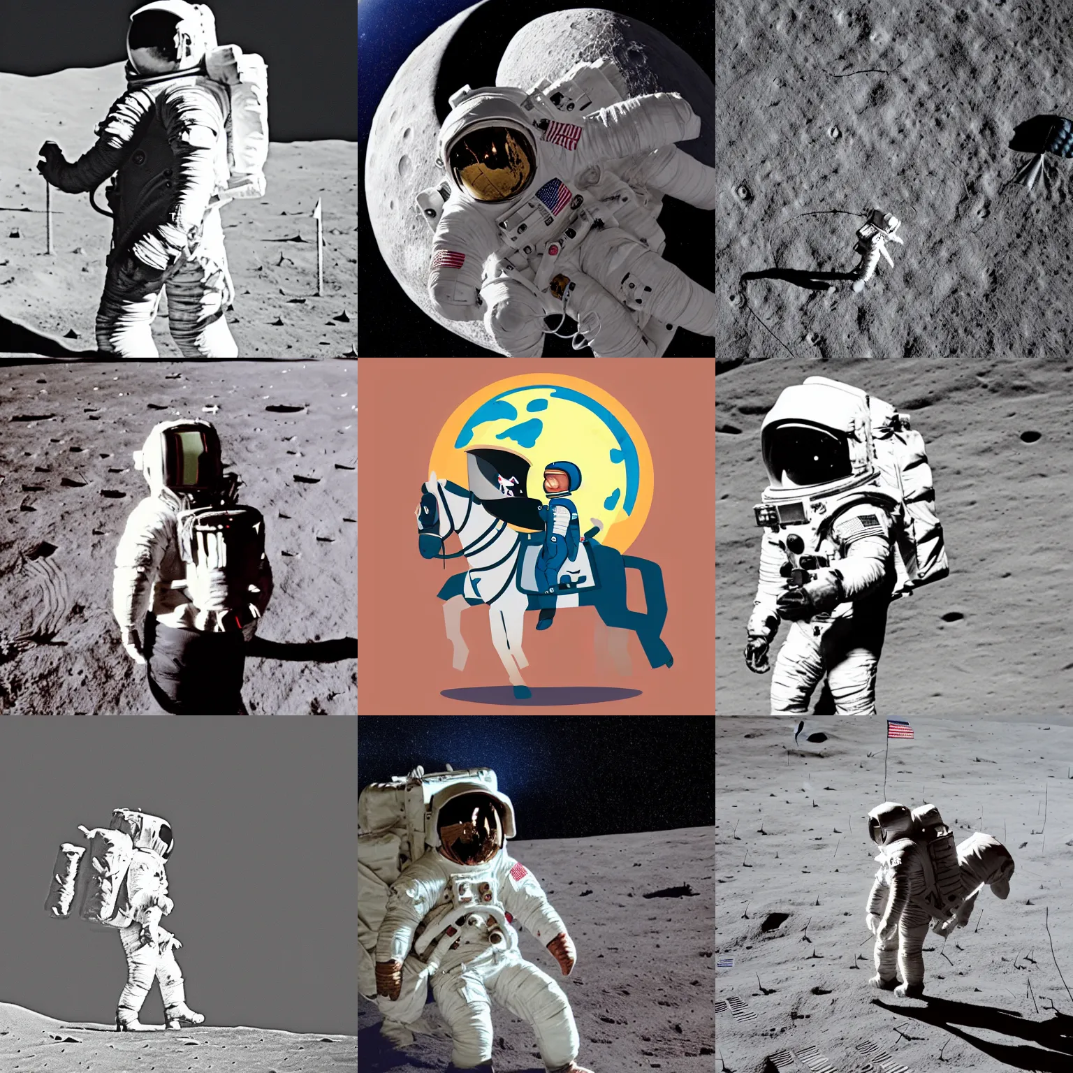 Prompt: astronaut on the moon, astronaut is carrying a pony horse, backpack in the shape of the horse,