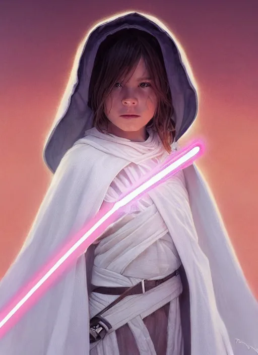 Image similar to perfectly - centered - portrait of a kid wearing white cloak holding light saber, intricate, highly detailed, digital painting, artstation, concept art, smooth, sharp focus, illustration, unreal engine 5, 8 k, art by artgerm and greg rutkowski and alphonse mucha