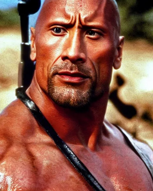 Image similar to film still close up shot of dwayne johnson in the movie mad max 2 the road warrior. photographic, photography