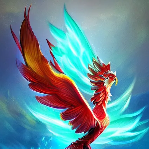 Prompt: stylized cute flying chinese phoenix, sparkling bird eyes, embers surrounding her wings, shining rainbow feathers, smooth features, feathers on fire, stylized art, digital painting, artstation, concept art, smooth, soft focus, beautiful rainbow colors, illustration, chinese phoenix art by Artgerm and greg rutkowski