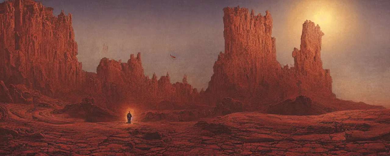 Image similar to ancient cities, castles, fortresses built by demigods aeons ago buried under time and sand on barren desert exoplanet illuminated by enormous red giant by James Gurney, by Caspar David Friedrich, by Zdiszslaw Beksinski and Alex Gray, hyperdetailed illustration with vivid palette