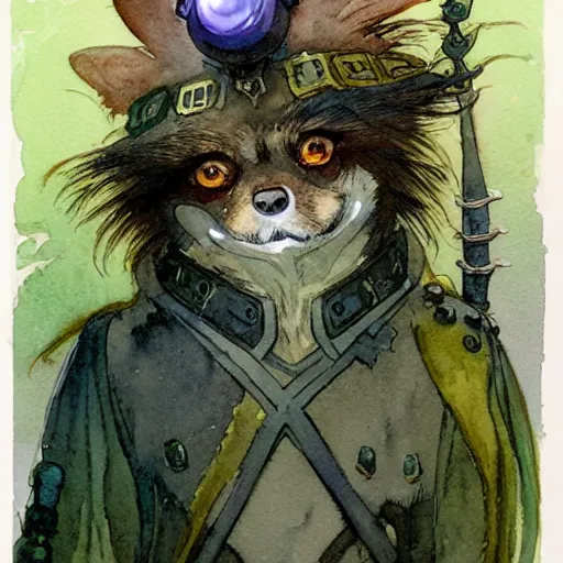 Prompt: a simple and atmospheric watercolour fantasy character concept art portrait of a mechanized android pomeranian as a druidic warrior wizard looking at the camera with an intelligent gaze, very muted colors, by rebecca guay, michael kaluta, charles vess and jean moebius giraud