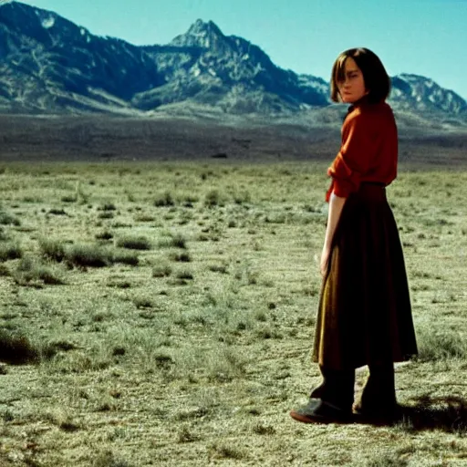 Image similar to photo, emma watson, wyoming, film still from no country for old men ( 2 0 0 7 ), kodak ektachrome 1 2 0, 2 6 mm,