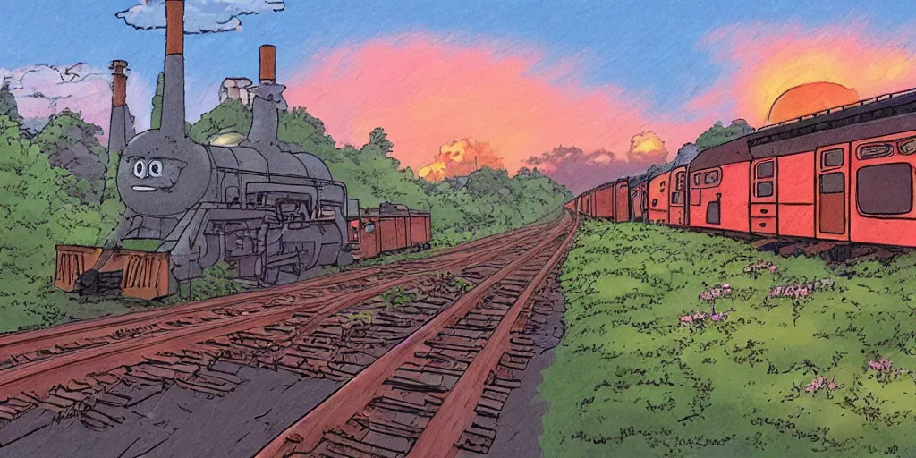 Image similar to a sunset railroad environment in the studio ghibli style, ghibli,