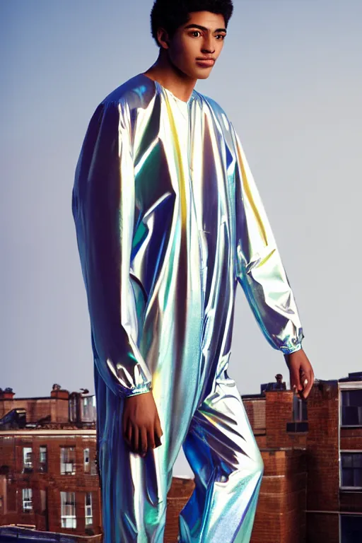 Image similar to un ultra high definition studio quality photographic art portrait of a young man standing on the rooftop of a british apartment building wearing soft baggy inflatable padded iridescent pearlescent jumpsuit. three point light. extremely detailed. golden ratio, ray tracing, volumetric light, shallow depth of field. set dressed.