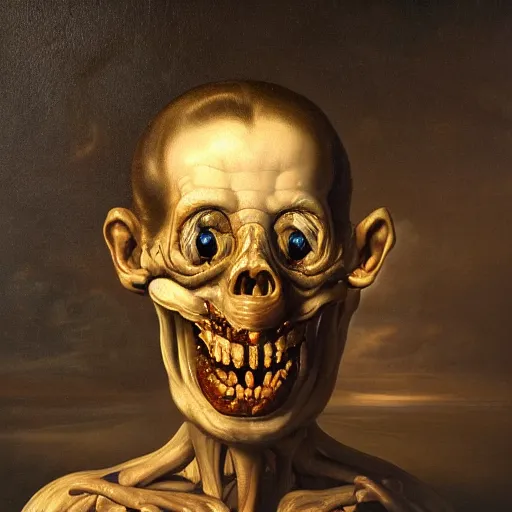 Image similar to refined gorgeous blended oil painting with black background by christian rex van minnen rachel ruysch dali todd schorr of a chiaroscuro portrait of an extremely bizarre disturbing mutated man with shiny skin acne dutch golden age vanitas intense chiaroscuro cast shadows obscuring features dramatic lighting perfect composition masterpiece