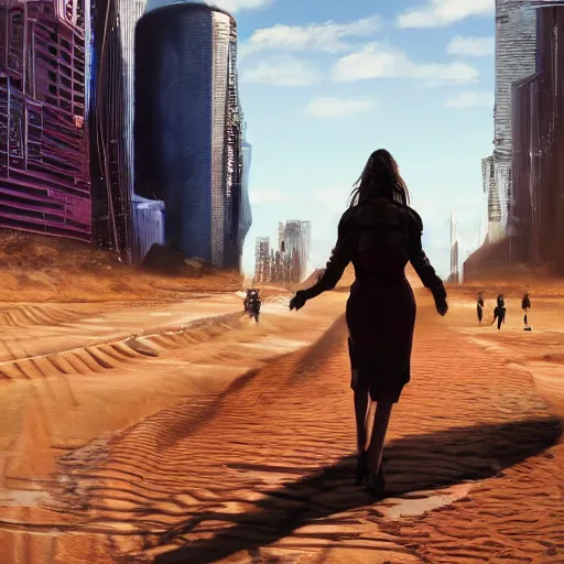 Image similar to a woman full figure cyberpunk walks in the desert, in the distance you can see a futuristic city, hyperrealism, subsurface scattering, rim light, highly detailed, sharp focus