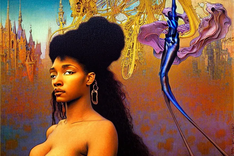 Image similar to realistic extremely detailed portrait painting of a beautiful black woman, city street on background by Jean Delville, Amano, Yves Tanguy, Ilya Repin, Alphonse Mucha, Ernst Haeckel, James C. Christensen, Edward Robert Hughes, Roger Dean, rich moody colours