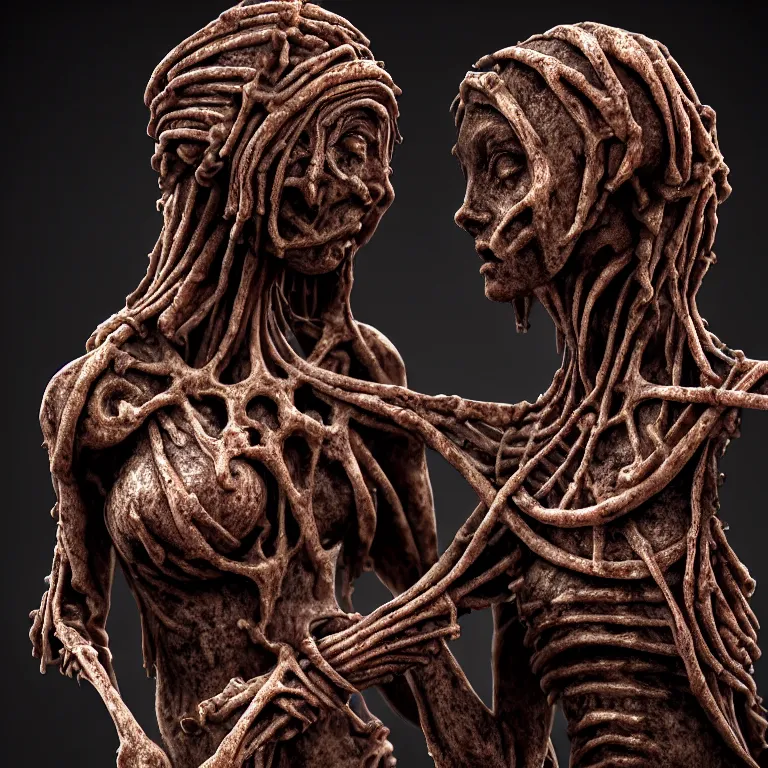 Image similar to dark biomechanical ribbed religious sculpture statue of Madonna and Jesus made of rotten flesh meat, suffering, pastel colorful mold, baroque painting, beautiful detailed intricate insanely detailed octane render, organic 8K artistic photography, photorealistic, chiaroscuro, Raphael, Caravaggio, Giger, Beksinski, black background, volumetric light