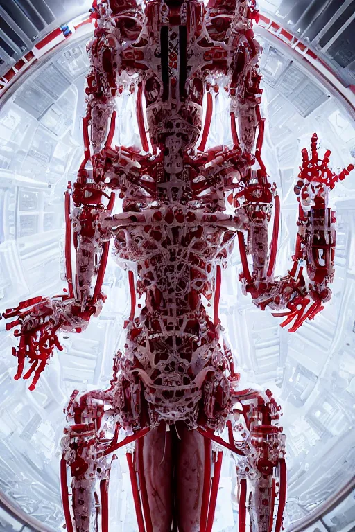 Image similar to space station interior white cross a statue jesus on cross made of red marble hands nailed to a cross perfect symmetrical body full body shot, inflateble shapes, wires, tubes, veins, jellyfish, white biomechanical details, wearing epic bionic cyborg implants masterpiece, intricate, biopunk, vogue, highly detailed, artstation, concept art, cyberpunk, octane render