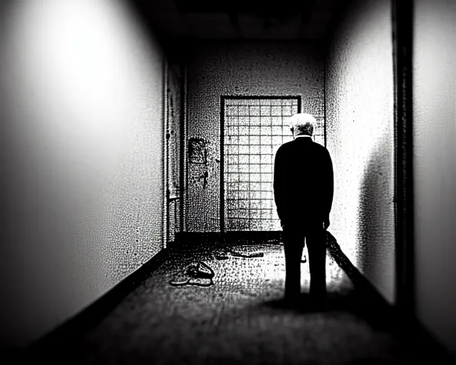 Image similar to creepy old man standing in the backrooms, the eerie forlorn atmosphere of a place that's usually bustling with people but is now abandoned and quiet, buzzing fluorescent lights above the ceiling, unsettling images, liminal space, dark,