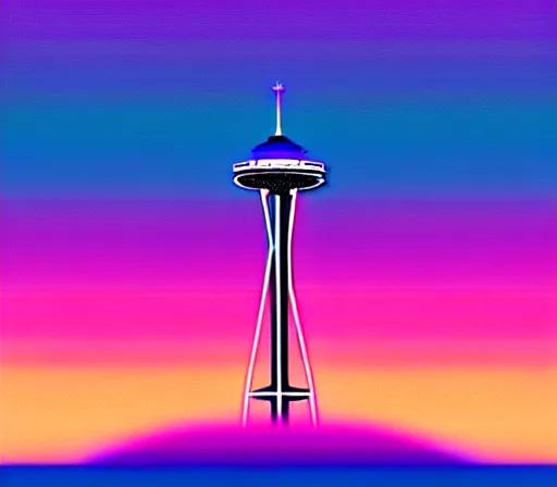 Prompt: a beautiful and immaculate balanced vaporwave ombre scene depicting outrun and the space needle