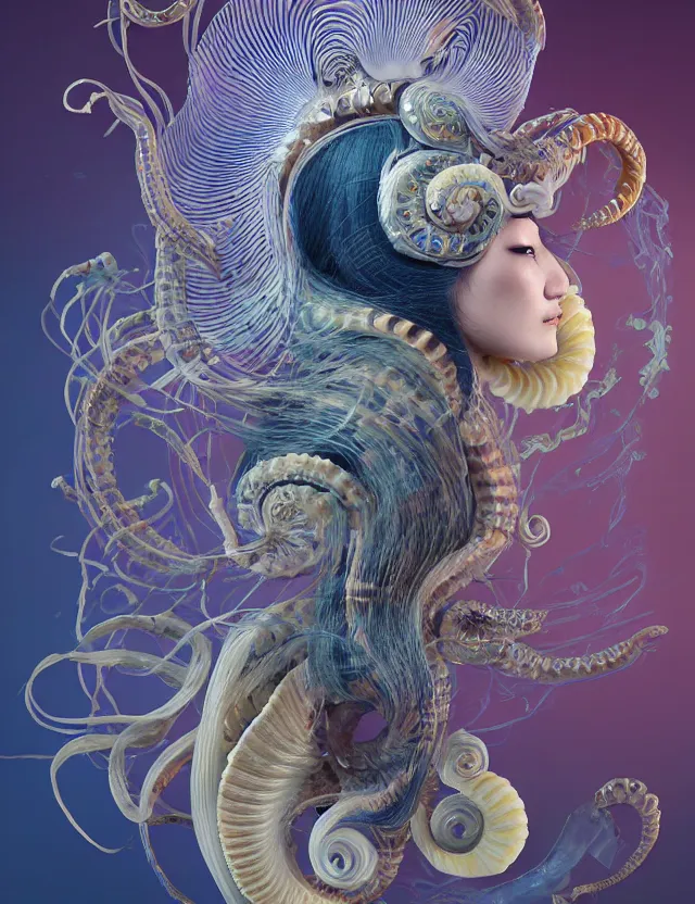 Image similar to 3 d goddess nautilus half - turn portrait with long hair with ram skull. beautiful intricately detailed japanese crow kitsune mask and clasical japanese kimono. betta fish, jellyfish phoenix, bio luminescent, plasma, ice, water, wind, creature, artwork by tooth wu and wlop and beeple and greg rutkowski