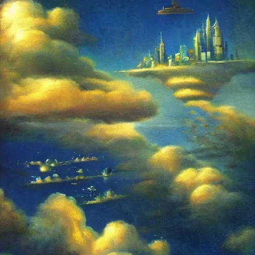 Prompt: flying city in the clouds, romanticism artwork