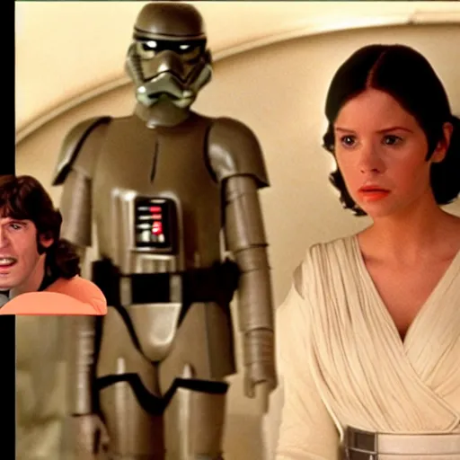 Prompt: film still, Star Wars (1977), in the style of Made of Honor (2008), comedy