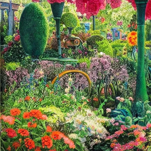 Prompt: a beautiful garden in color by enki bilal and walt disney