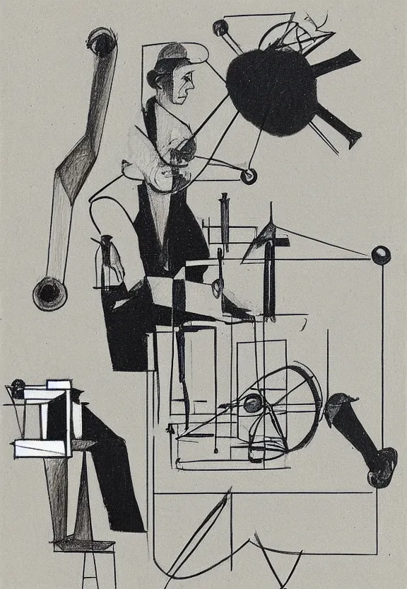 Image similar to a concept drawing of marcel duchamp holding up a chess - piece wire - machine, a surrealist painting by marcel duchamp, complex artificial - intelligence machinery, minimal sketch flow - chart, academic art, 1 9 2 0 s