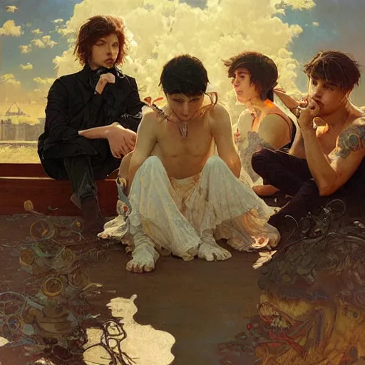 Image similar to bring me the horizon music band by Stanley Artgerm Lau, greg rutkowski, thomas kindkade, alphonse mucha, loish, norman Rockwell