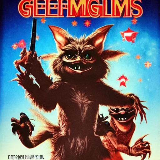 Prompt: 1980s movie theatre poster for a Gremlins movie sequel starring Geralt of Rivia