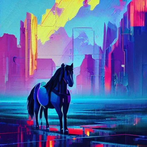 Image similar to 4 0 1 1 6 7 1 9 2 4 a graph style gauche impasto, horses, cyberpunk art by james gilleard, city depth of field, cgsociety, retrofuturism, synthwave, retrowave, outrun, painting, pastel colors, high detail.