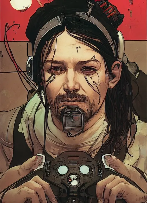 Prompt: cyberpunk chef. portrait by ashley wood and alphonse mucha and laurie greasley and josan gonzalez and james gurney. splinter cell, apex legends, rb 6 s, hl 2, d & d, cyberpunk 2 0 7 7. realistic face. character clothing. vivid color. dystopian setting.