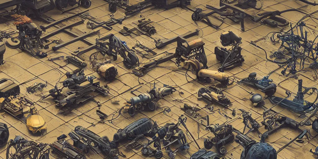 Image similar to collection of exploration of form and shapes, props, hard surface, panel, simon stalenhag, kitbash, items, gadget, big medium small, close up, vehicles, futuristic, parts, machinery, greebles, insanely detailed, case, hardware, golden ratio, wes anderson color scheme