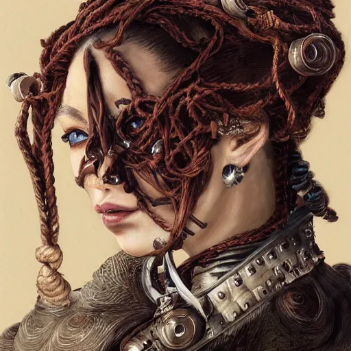 Image similar to portrait of a Shibari rope wrapped face and neck, headshot, insanely nice professional hair style, dramatic hair color, digital painting, of a old 17th century, old cyborg merchant, amber jewels, baroque, ornate clothing, scifi, realistic, hyperdetailed, chiaroscuro, concept art, art by Franz Hals and Jon Foster and Ayami Kojima and Amano and Karol Bak,