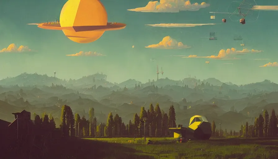 Image similar to hexagons in the sky in front of the sun, simon stalenhag