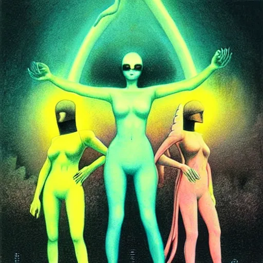 Image similar to charlies angels by beksinski and tristan eaton, beautiful dystopian neon hologram