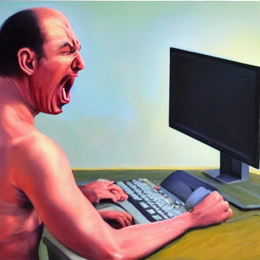 Image similar to an angry man yells at his computer monitor, oil on canvas, highly detailed