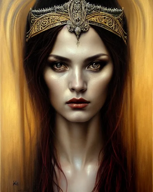 Image similar to portrait of a beautiful goddess, enigmatic beauty, dominant shades of grey, gold, silver, dark red, white, head in focus, fantasy art, ornamental aesthetics, intricate, elegant, highly detailed, hyperrealistic painting, artstation, concept art, painterly, sharp focus, illustration, art by karol bak