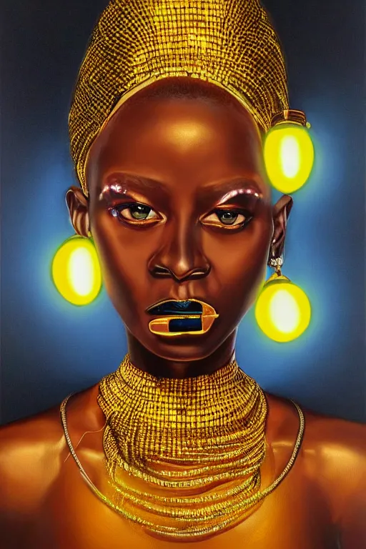 Image similar to detailed portrait of a beautiful African female with face augmentations, strong neon lighting, Afrofuturism, extravagant mechanical gold jewelry, by glenn fabry, hyper realistic, HD, oil on canvas