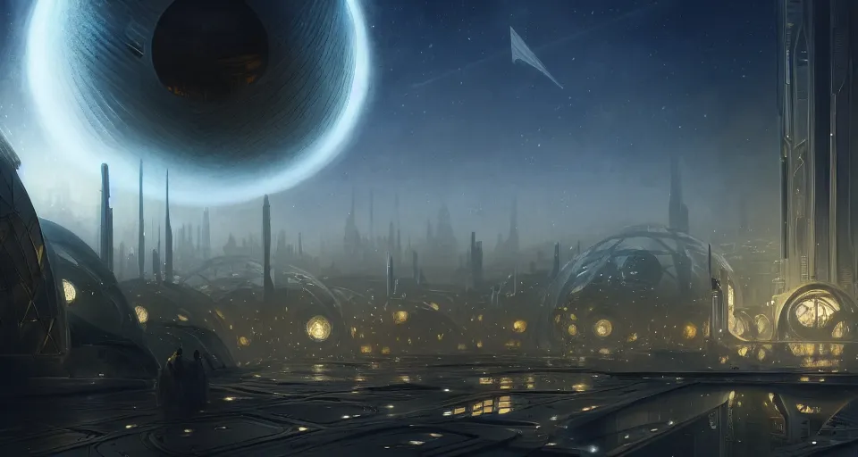 Image similar to cinematic shot, futuristic city on the moon inside a giant geodesic dome, utopian, night, stars, digital painting, artstation, concept art, smooth, sharp focus, illustration, intricate, elegant, highly detailed, in the style of greg rutkowski and alphonse mucha and artemisia, 8 k, highly detailed, jurgens, rutkowski